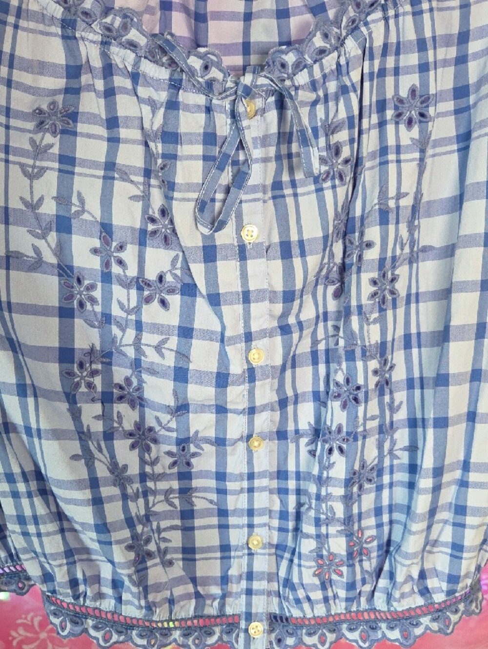 Free Assembly Blue Plaid Eyelet-Trim Blouse - Picture 4 of 5